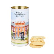 Biscuit tin with watercolour of Kensington Palace and biscuit on the side