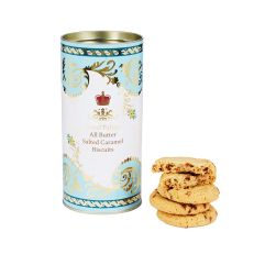 Gold and blue biscuit tin with biscuits on the side