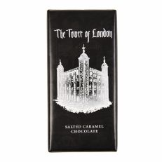 A chocolate bar in a black wrapper with an illustration of the White Tower at the Tower of London in silver foil. 