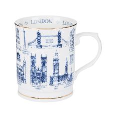 White mug with blue illustrations of London landmarks