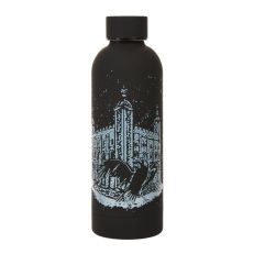 A matt-black screw cap water bottle with a printed illustration of the White Tower at the Tower of London and a raven in front with its wings spread open. 