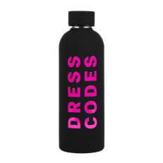 A matte black, metal water bottle with a screw-top lid. With bright-pink text reading, "Dress Codes". 