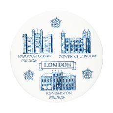 A white ceramic drinks coaster with an illustrated print in blue ink of Hampton Court Palace, the Tower of London, and Kensington Palace. The word, London, is written in a scroll banner in the centre.