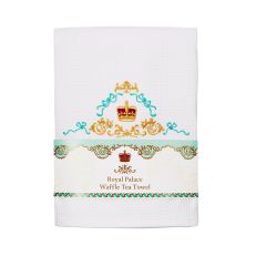 White tea towel folded with gold and blue crown detailing