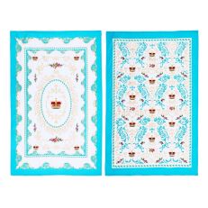 Two aqua and gold ornate style tea towels with crowns 