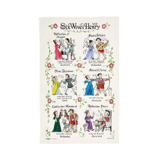 White tea towel with illustrations of King Henry VIII and his six wives