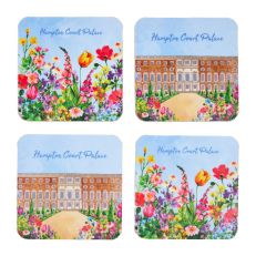A set of four illustrated coasters of the South Front of Hampton Court Palace with colourful flowers in the foreground. 