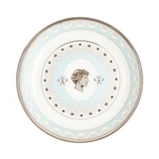 A white fine china bon bon dish with blue and warm-grey colours. The centre of the dish features a cameo portrait of Diana, Princess of Wales. 