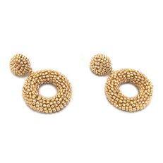 Gold Beaded drop earrings with a stud top and a circular drop shape with a hole through the centre. 