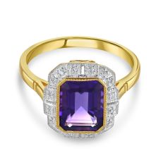 9ct Yellow Gold Ring set with Amethyst & Diamond