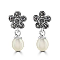 Flower Marcasite Earrings with Drop Pearl