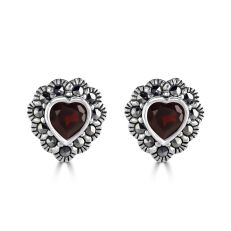 Garnet & Marcasite Heart Stud Earrings