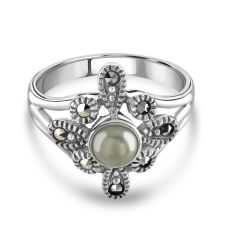 Silver ring with pearl and marcasite