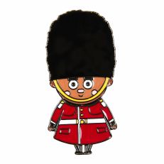 A metal pin badge in the shape of a Royal Guard character with a smiley face. Wearing a tall black bearskin hat and a red military uniform.