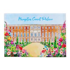 A rectangular fridge magnet with an illustration of the South Front of Hampton Court Palace with colourful flowers in the foreground.