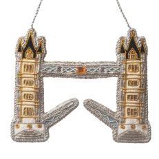 An embroidered Tower Bridge hanging decoration trimmed with silver cord