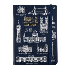 A navy notebook with white line drawings of iconic landmarks in London including Tower Bridge, Westminster Abbey, Big Ben and Buckingham Palace. It also features a gold coat of arms in the centre of both Westminster and the City of London.