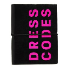 A black A5 notebook with bright-pink text that reads, "Dress Codes".