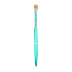 An aqua-coloured pen with a gold crown topper. The crown is embellished with white crystals. 