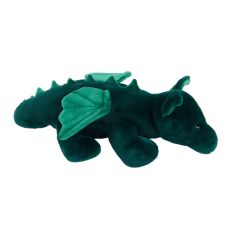 A deep-green dragon soft toy with floppy wings and large ears. 
