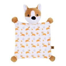 A white baby comforter with an all-over print of corgis and crown illustrations. The comforter has a soft plus corgi head and paws at each of the four corners. 
