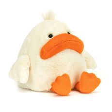 A cream seated plush duck with orange feet and a downturned grumpy-looking orange beak. 