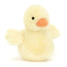 A light-yellow plushie Duck with small wings and an orange beak.