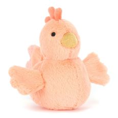 A light-pink chicken plush toy with a yellow beak and black embroidered eyes. It has small flappy wings and a tail. 