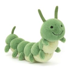 A green caterpillar plush toy with antennae, little legs and an embroidered smile. 