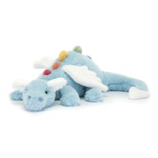 A Jellycat plush sky-blue dragon toy with white wings and ears and rainbow spines down it's back.
