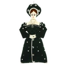 A plush material hanging decoration in the shape of Anne Boleyn wearing a green hat and long green dress decorated with beads and sequins. 