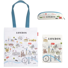 White tote bag, pencil case and notebook with illustrated map of london