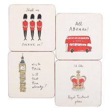 Four coasters with illustrations of London icons
