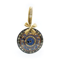 A blue, black and gold astronomical clock hanging decoration with the signs of the Zodiac and a gold ribbon. 