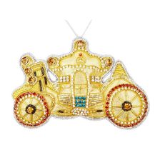 A carriage shaped gold fabric hanging decoration featuring coloured beads and trimmed with silver cord
