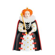 Toy figurine of Queen Elizabeth I in black and red robes