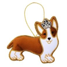 Brown and gold fabric corgi with crown hanging decoration