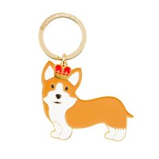 Corgi Keyring - A metal keyring of a corgi dog wearing a red crown. 