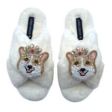 Fluffy white slippers with jewelled corgi brooch