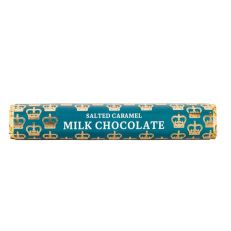 Crown Salted Caramel Chocolate Bar 85g - A salted caramel milk chocolate bar in an emerald green sleeve and gold foil, illustrated with gold crowns. 