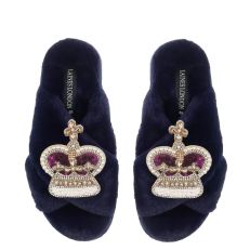 Crown Slippers - Navy blue faux fur slippers with sequin purple & gold crowns made up of faux gems.