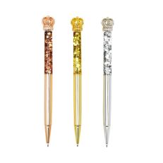 Three glitter pens with crown top in gold, rose gold and silver