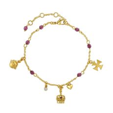 A gold plated charm bracelet with the Crown of India charm as well as an orb and cross charm. The bracelet chain includes six purple glass beads.