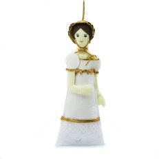 A fabric hanging decoration of Elizabeth Bennet from Jane Austen's Pride & Prejudice in white and gold regency dress 