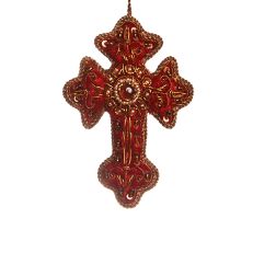 A red, fabric cross with gems and gold cord hanging decoration