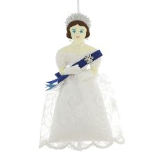 Queen Victoria character hanging decoration wearing a white lace dress with blue sash and sparkling tiara.