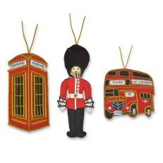 Mini London icons hanging decorations featuring a red telephone box, Guard, Route-master bus