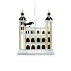 White Tower embroidered hanging decoration stitched with gold and silver cord and a raven sitting on top 