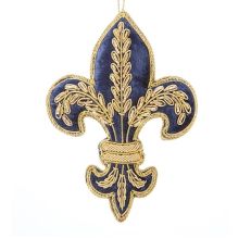A Fleur-de-lis shaped hanging decoration made with blue velvet and gold cord