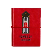 A red notebook with an illustration of a Royal Guard on the cover with the words, "Tower of London" underneath.